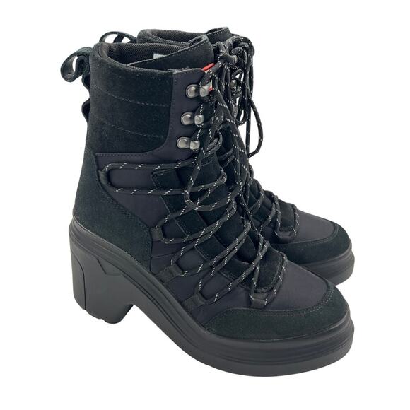 Hunter Discoverer Mid Ankle Lace-Up Chunky Heel Boot Lug Sole Black NEW Size 8 - Picture 3 of 16